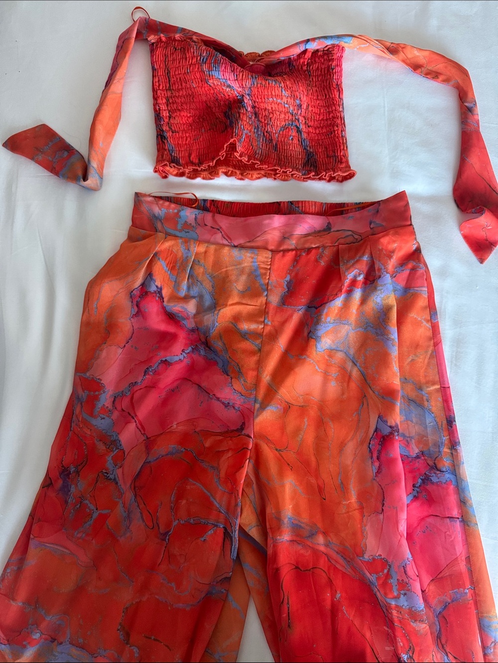 Women's Wide Leg Pants in Red-Orange Abstract Print
